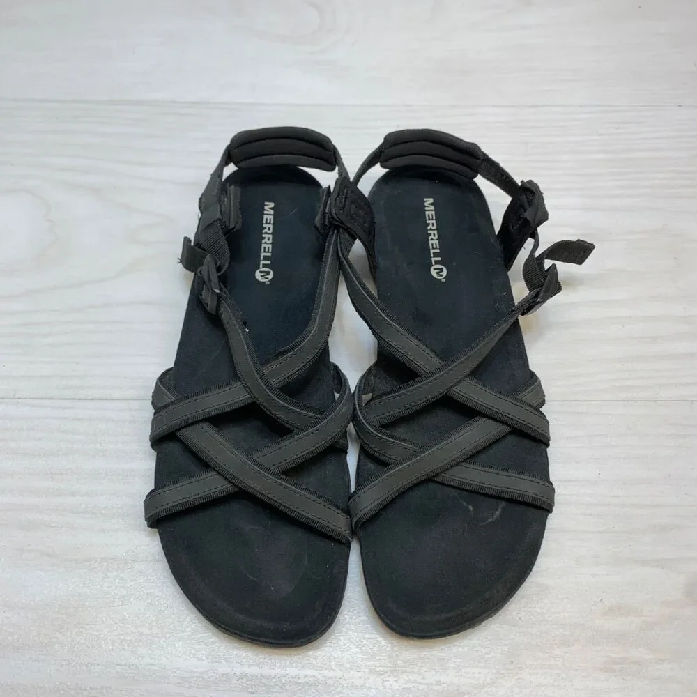 Merrell Terran Ari Lattice Sandals Womens 10 Black  Leather Strappy Sport Hiking
